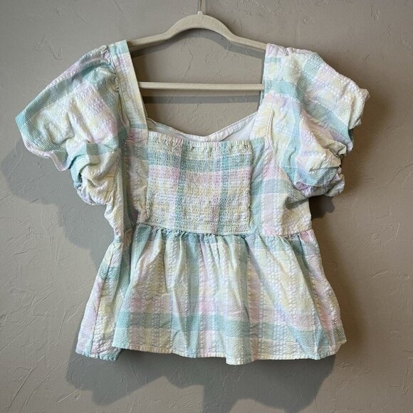Puff-Sleeve Smocked Seersucker Babydoll Swing Blouse Women XL - Picture 8 of 9